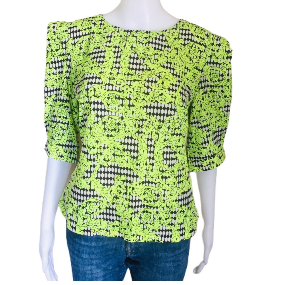 BOOHOO Baroque Print Blouse/Top With Crop Sleeves Neon Green Size 6 (UK 10)
